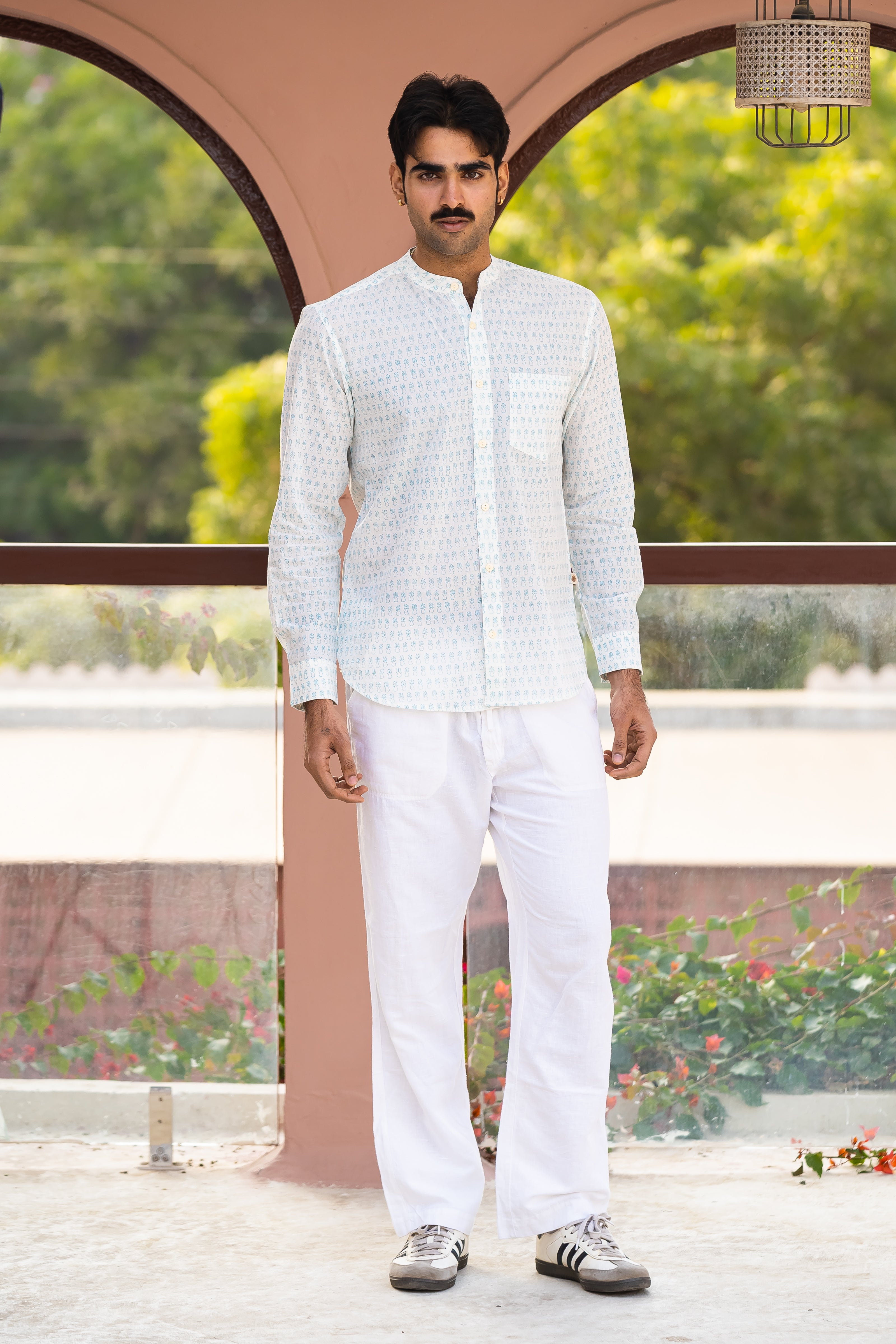 Full Sleeve Indian Hand Block Print Shirt  Elegant Mint Motif Cotton Kurta Shirt 100% Cotton Fabric