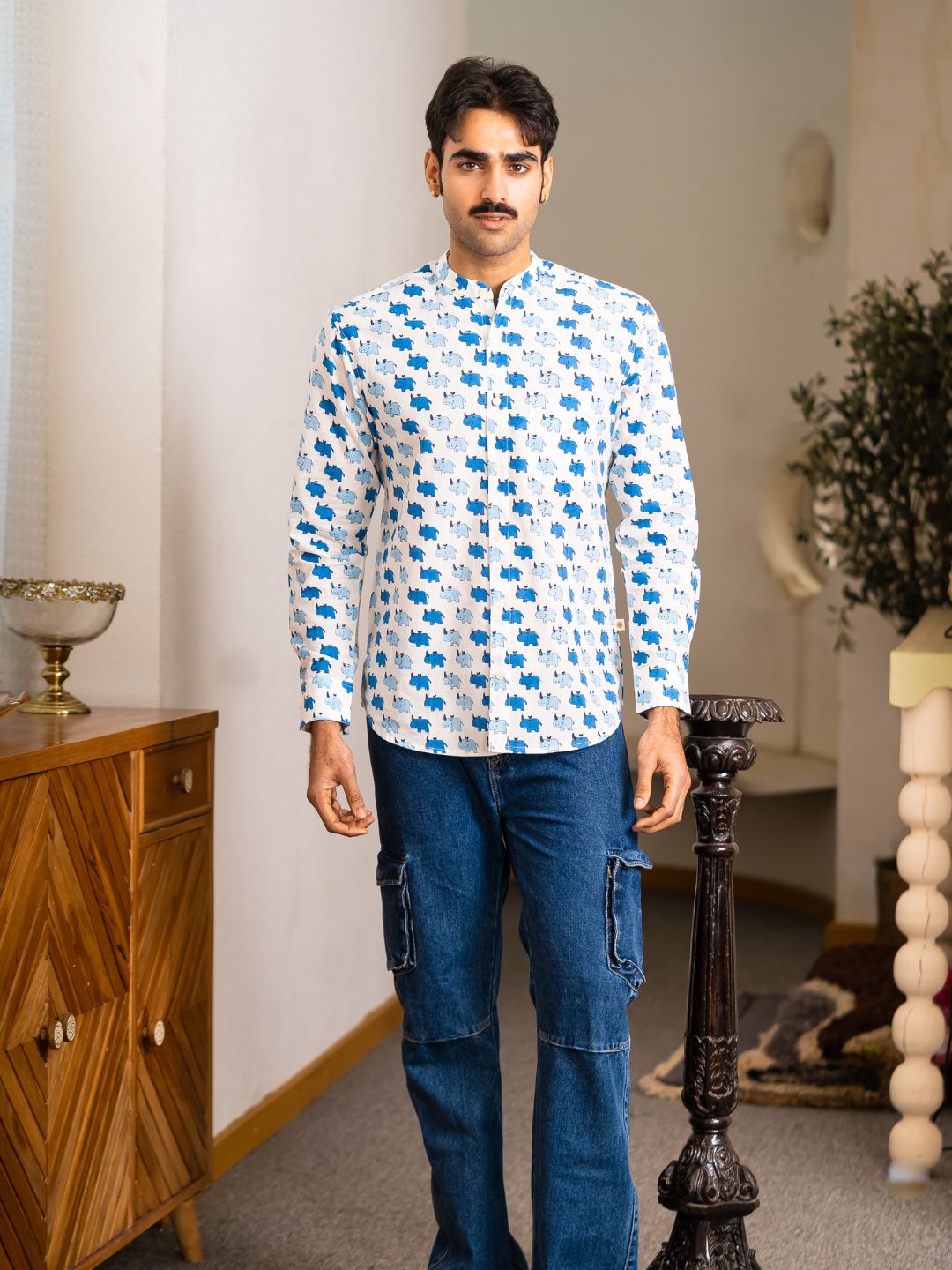 Full Sleeve Indian Hand Block Print Shirt Stylish White & Blue Printed Casual Shirt 100% Cotton Fabric